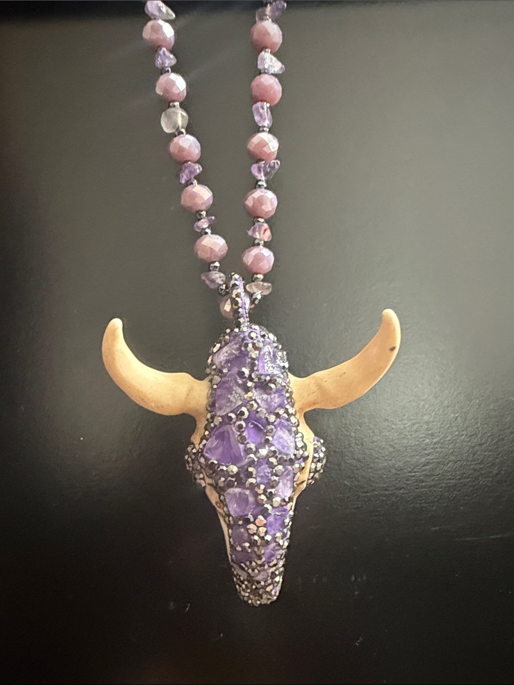 Bull Horn Amethyst and Crystals Necklace